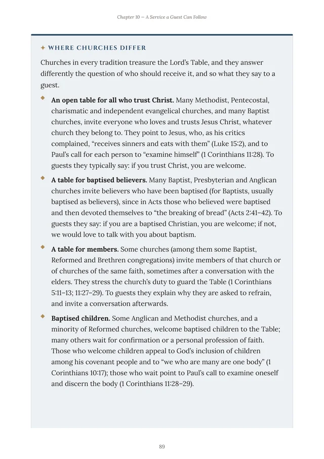 Chapter 10 — where churches differ on guests and the Lord's Table